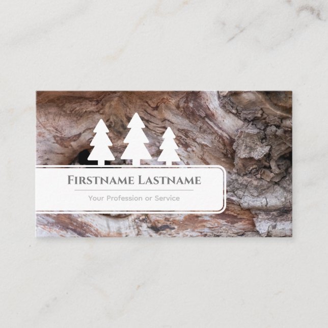 Elegant white trees on brown wood grain tree bark business card (Front)