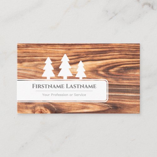 Elegant white trees on brown wood grain wooden cut business card