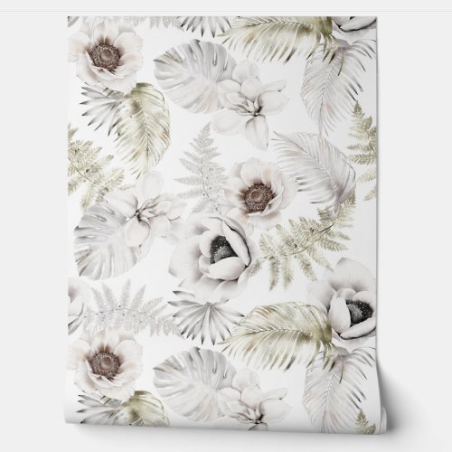 Elegant White Tropical Florals Palm Leaves Wallpaper