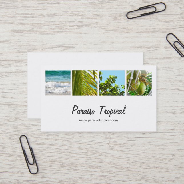 Elegant White Tropical Photo Collage Business Card (Front/Back In Situ)