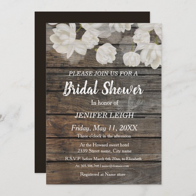 Elegant white tulip flower rustic bridal shower invitation (Front/Back)