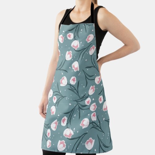 Elegant White Tulips on Pastel Green Pattern Apron