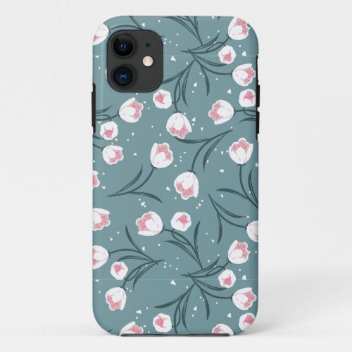 Elegant White Tulips on Pastel Green Pattern iPhone 11 Case