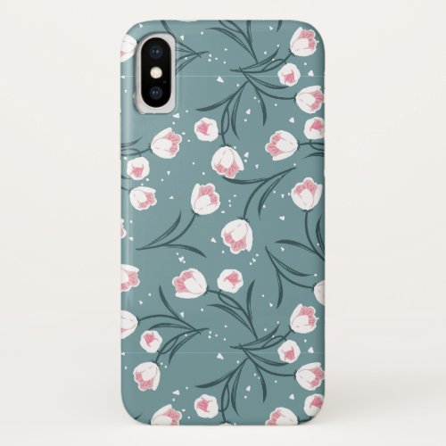 Elegant White Tulips on Pastel Green Pattern iPhone X Case