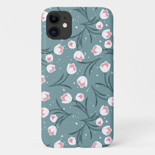 Elegant White Tulips on Pastel Green Pattern iPhone 11 Case