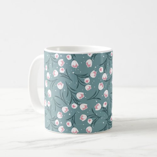 Elegant White Tulips on Pastel Green Pattern Coffee Mug