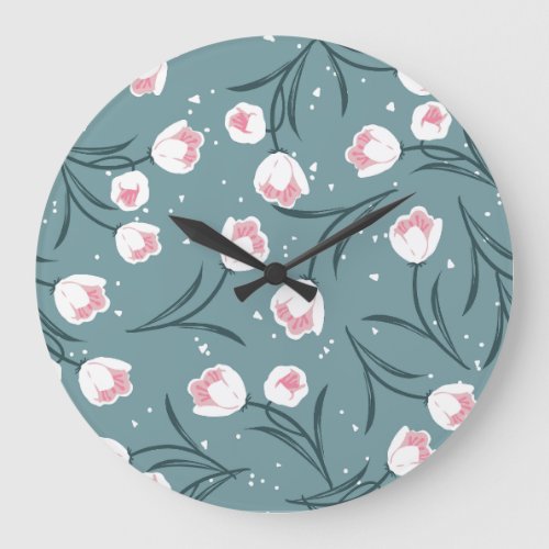 Elegant White Tulips on Pastel Green Pattern Large Clock