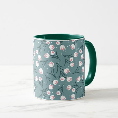 Elegant White Tulips on Pastel Green Pattern Mug