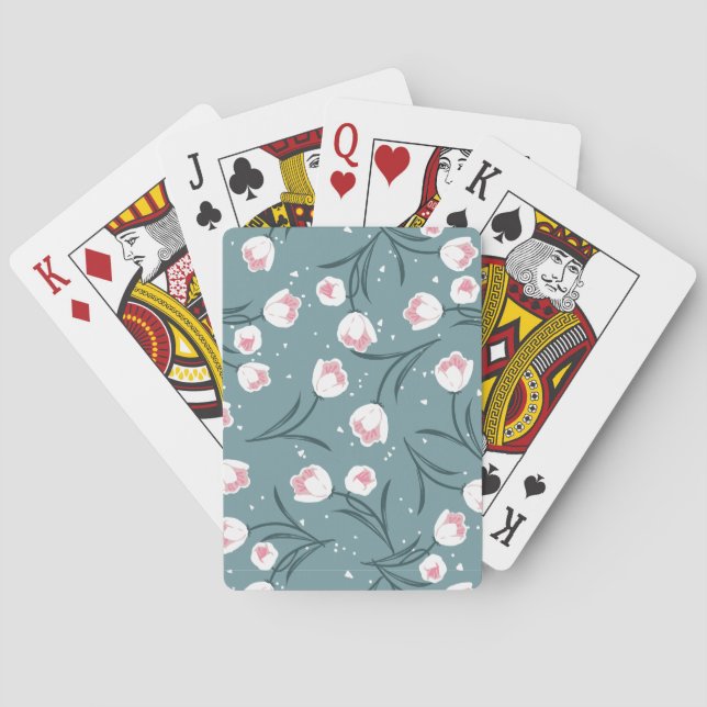 Elegant White Tulips on Pastel Green Pattern Poker Cards (Back)