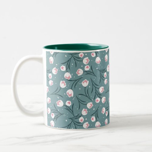 Elegant White Tulips on Pastel Green Pattern Two_Tone Coffee Mug