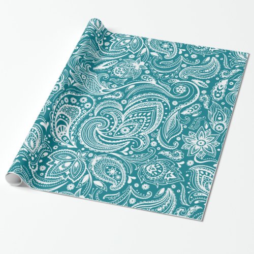 Elegant White  Turquoise Blue Floral Paisley Wrapping Paper