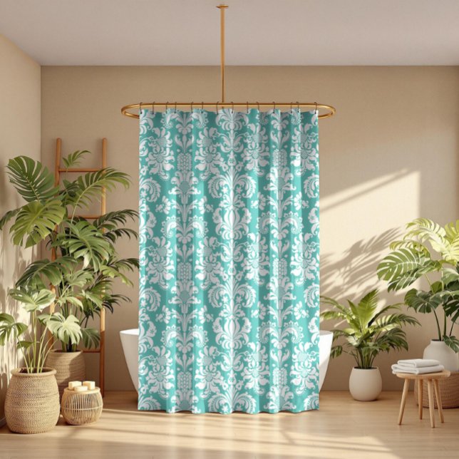 Elegant White & Turquoise Floral Damasks Pattern Shower Curtain (Creator Uploaded)