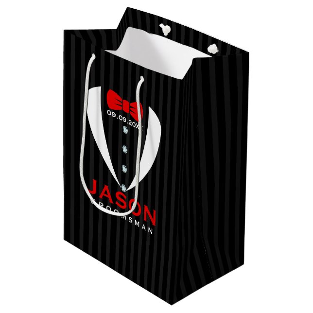 Elegant White Tuxedo Red Tie Groomsman Design Medium Gift Bag (Front Angled)