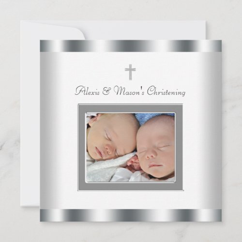 Elegant White Twins Photo Christening Invitations
