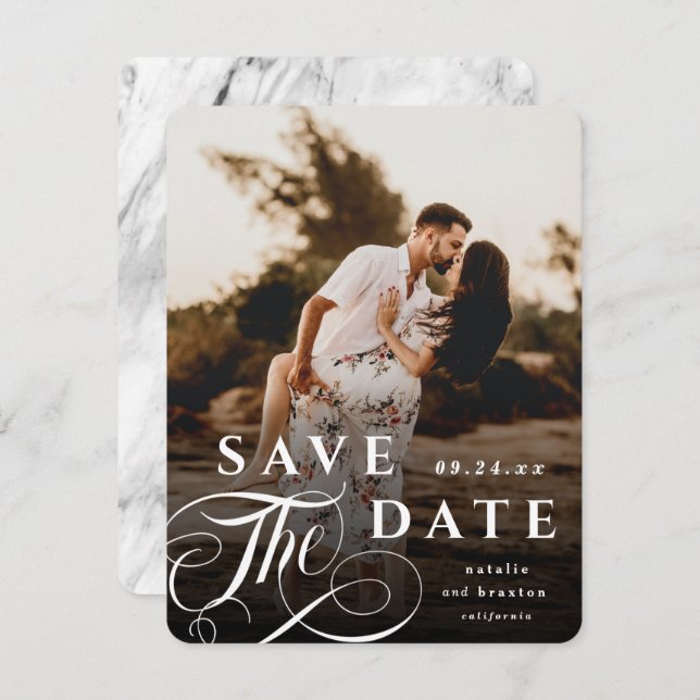 Elegant White Typography & Marble Back Photo Save The Date (Front/Back)