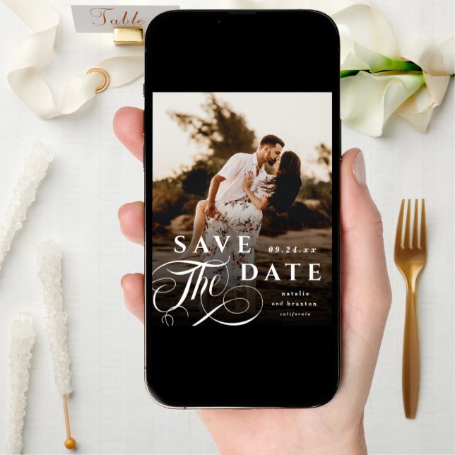 Elegant White Typography & Marble Back Photo Save The Date (Front Digital)