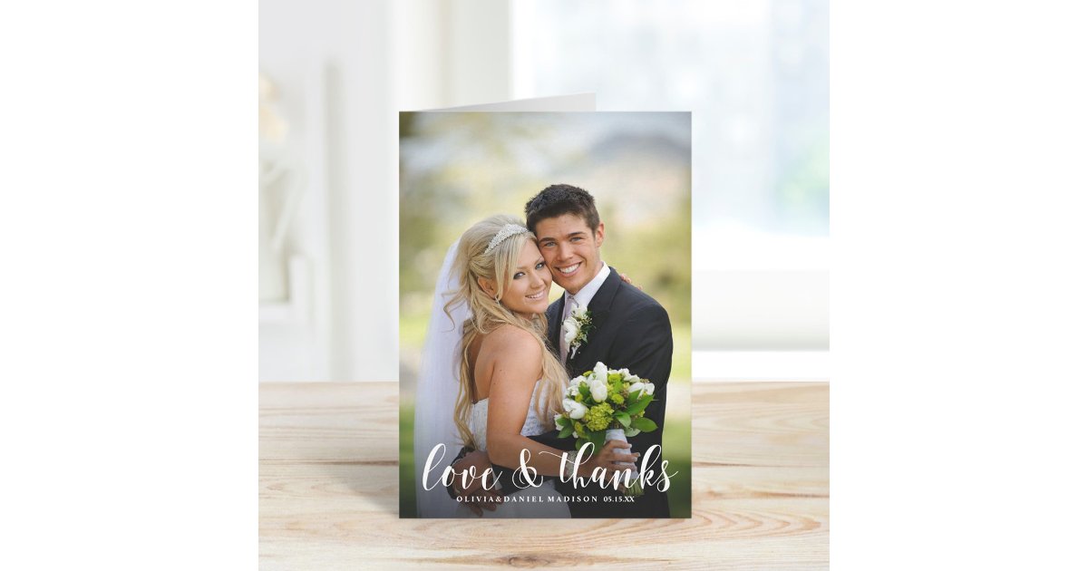 Elegant White Typography Wedding Thank You Photo Card | Zazzle