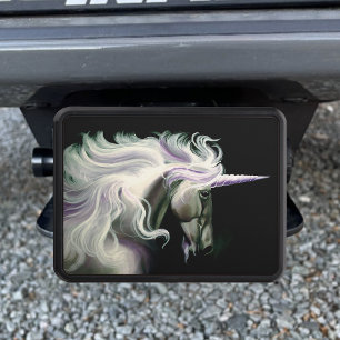 Elegant White Unicorn Flowing Mane Purple Fantasy Hitch Cover