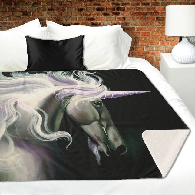 Elegant White Unicorn Flowing Mane Purple Fantasy Sherpa Blanket (Creator Uploaded)