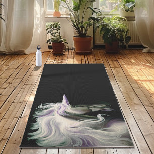 Elegant White Unicorn Flowing Mane Purple Fantasy Yoga Mat