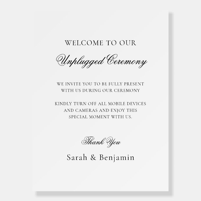 Elegant White Unplugged Ceremony Wedding Sign (Front)