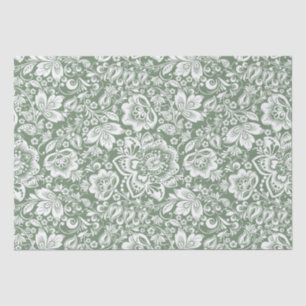 Elegant white vintage damask on sage green tissue paper