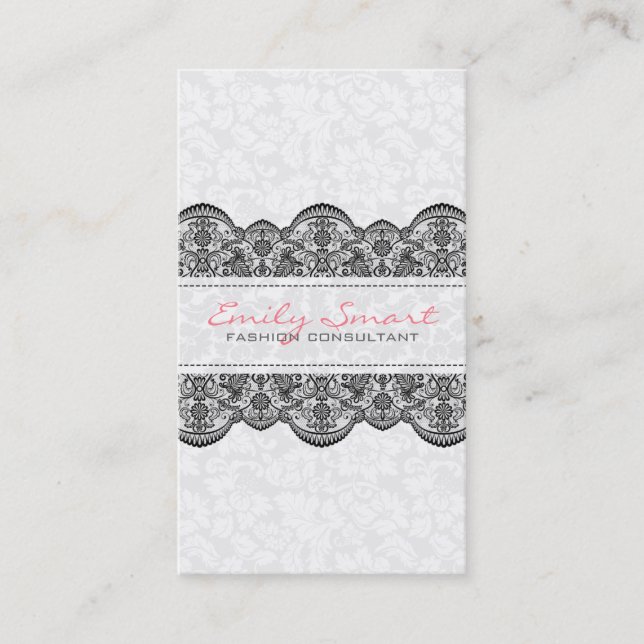 Elegant White Vintage Damasks Black Lace Business Card (Front)