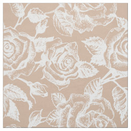 Elegant White Vintage Roses Custom Tan Background Fabric