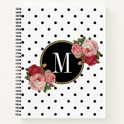 Elegant White Vintage Roses Flowers Dots Monogram Notebook