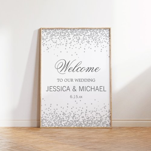 Elegant White w Sparkling Silver Glitter Wedding Poster