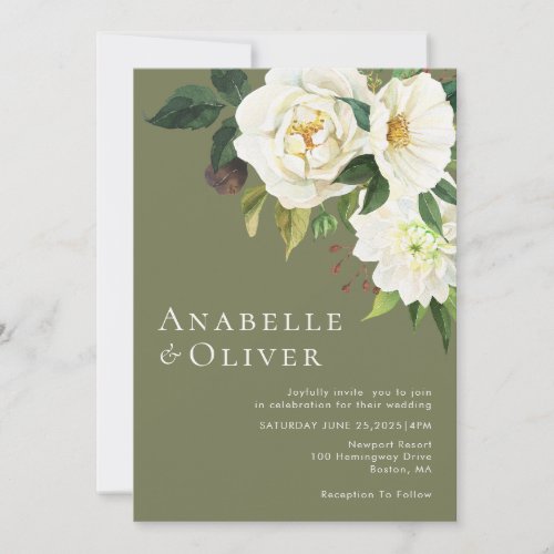 Elegant White Watercolor Floral Green Wedding  Invitation