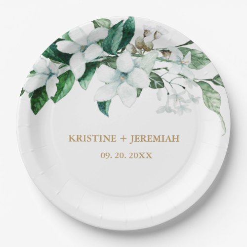 Elegant White Watercolor Floral Greenery Wedding Paper Plates