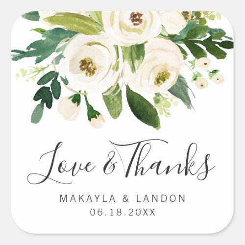 Elegant White Watercolor Floral Greenery Wedding Square Sticker