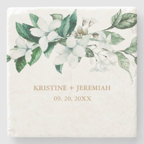 Elegant White Watercolor Floral Greenery Wedding Stone Coaster