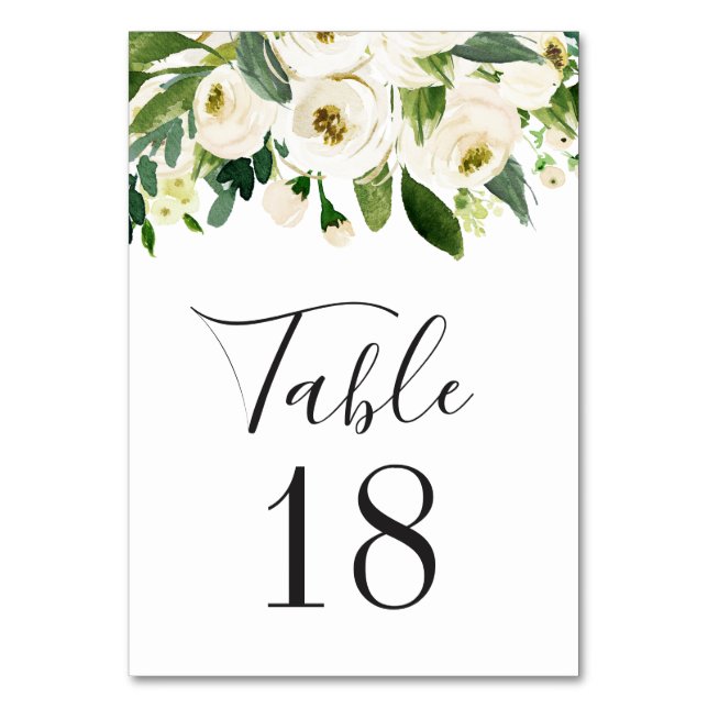 Elegant White Watercolor Floral & Greenery Wedding Table Number (Front)