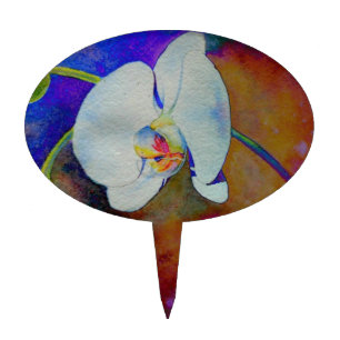Elegant white watercolor floral orchid painting cake topper