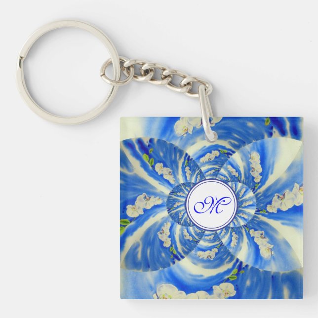 Elegant white watercolor floral orchid painting  keychain (Front)