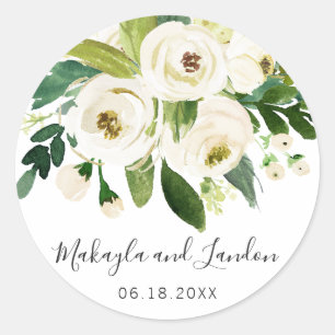 Elegant White Watercolor Floral Wedding Favor Classic Round Sticker