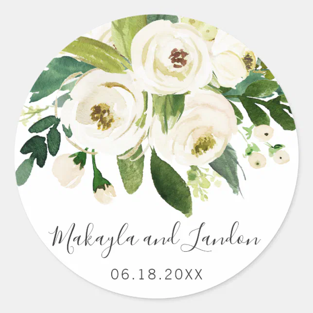 Elegant White Watercolor Floral Wedding Favor Classic Round Sticker ...