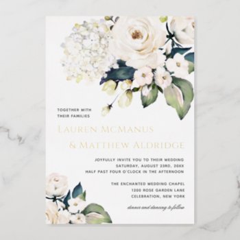 Elegant White Watercolor Floral Wedding Foil Invitation by DancingPelican at Zazzle
