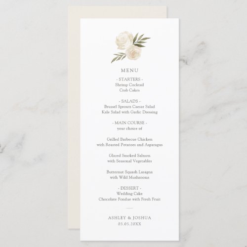 Elegant White Watercolor Floral Wedding Menu