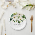 Elegant White Watercolor Floral Wedding Paper Plates<br><div class="desc">Elegant floral wedding paper plate featuring a hand painted watercolor white roses and greenery at the top and your names in a lovely handwritten script font. These paper plates are perfect for a garden wedding in the summer and are a great way to add a personal touch to your wedding....</div>