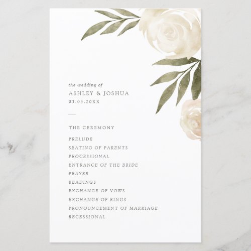 Elegant White Watercolor Floral Wedding Program
