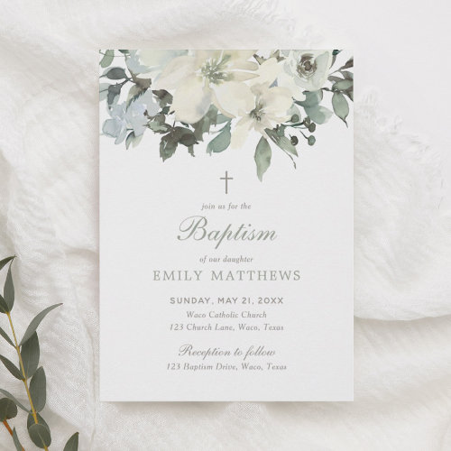 Elegant White Watercolor Flowers Greenery Baptism