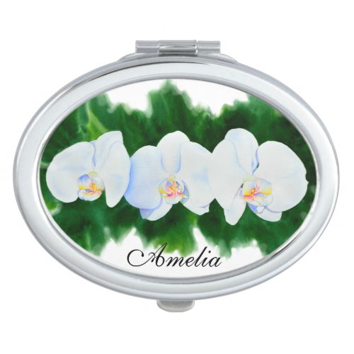 elegant white watercolor orchid painting compact mirror