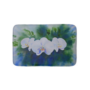 Elegant white watercolor tropical boho orchids bath mat