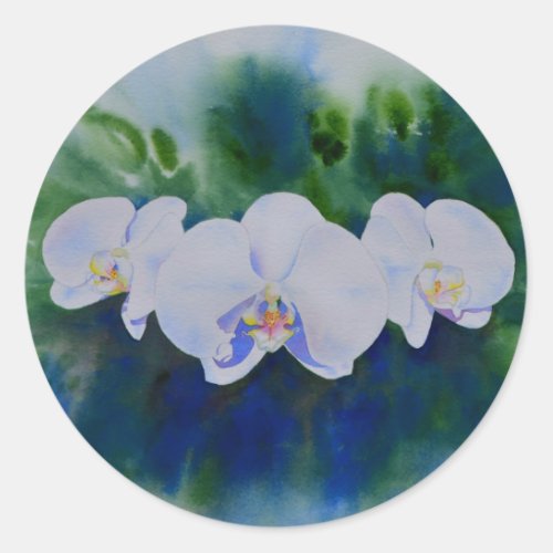 Elegant white watercolor tropical boho orchids  classic round sticker