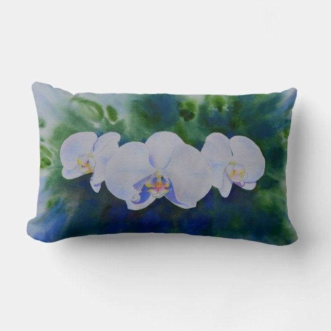 Elegant white watercolor tropical boho orchids  lumbar pillow (Front)