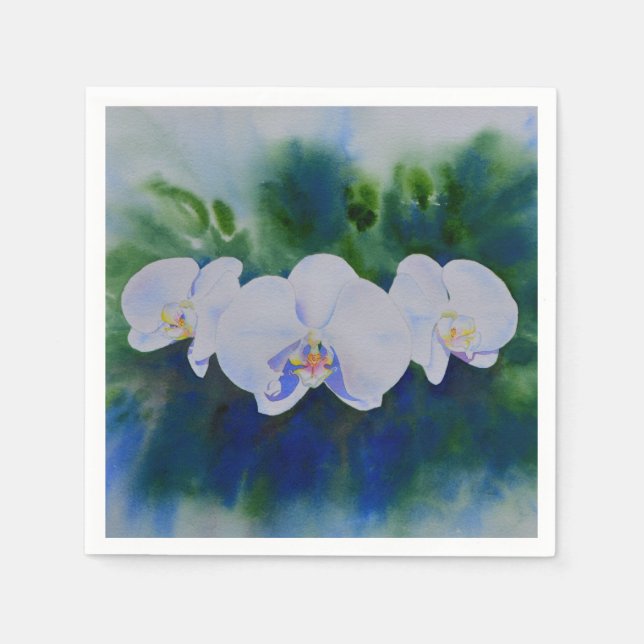 Elegant white watercolor tropical boho orchids  napkins (Front)