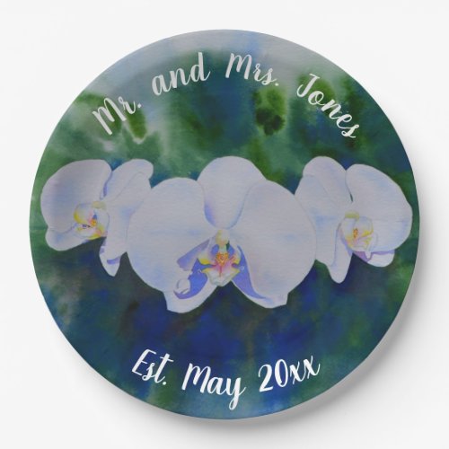 Elegant white watercolor tropical boho orchids  paper plates